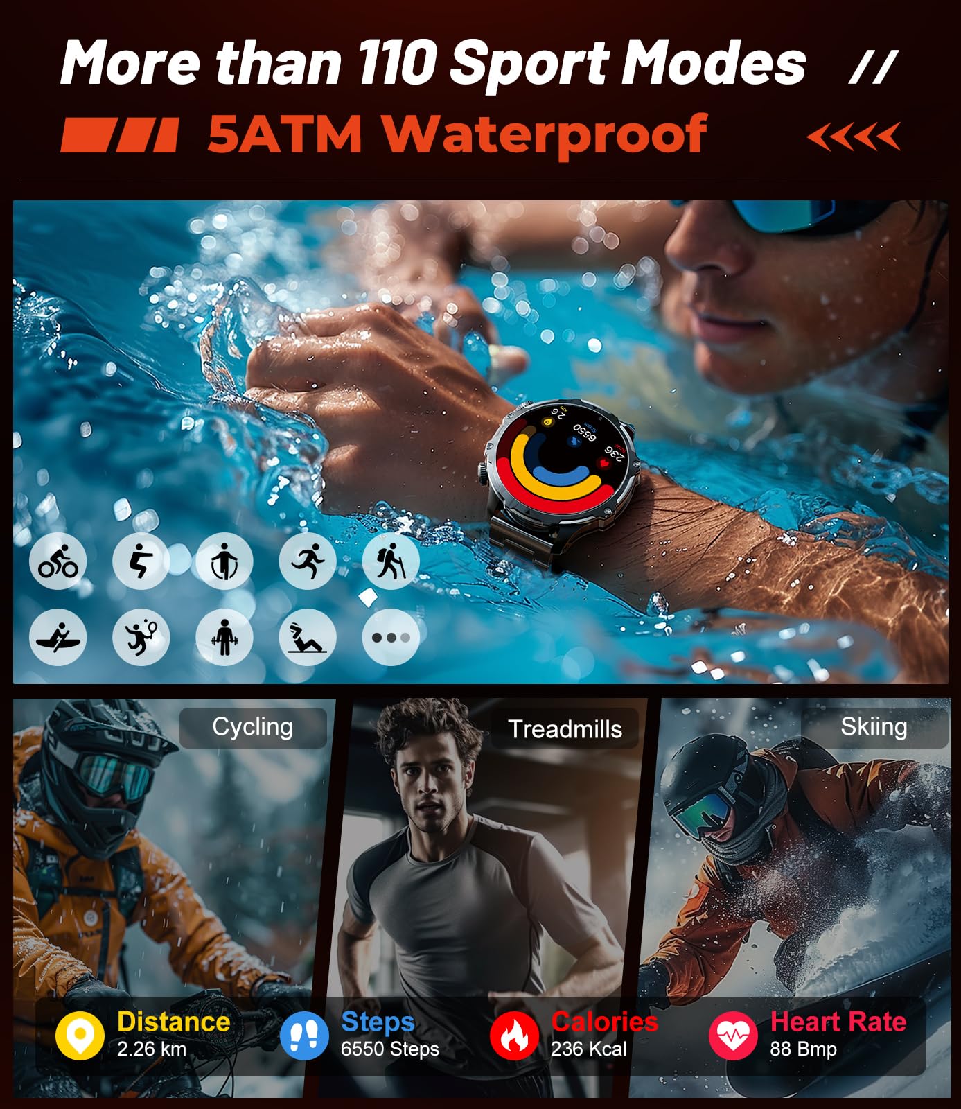 SUNKTA 1.85” Smartwatch – Long Battery Fitness Tracke